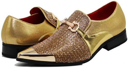 Image of Enzo Romeo Crisino Men Rhinestone Chrome Toe Suede Pointy Buckle Dress Loafer Slip On Shoes (Gold 03, US Footwear Size System, Adult, Men, Numeric, Medium, 10)