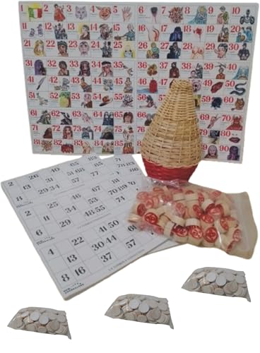 Tombola Artigianale Napoletana con numeri in Legno, Cartellone Figurato Colorato con la Smorfia, 48 Cartelle, Panariello intrecciato a Mano, 270 segna numeri Articolo Tradizionale per Fare Festa