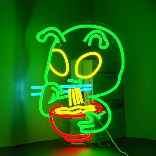 Image of Cute Ramen Alien Neon Sign Colorful Led Lights Green Neon Signs for Wall Decor USB Light Up Sign Neon Signs for Restaurant Dinning Room Japanese Noodle Shop