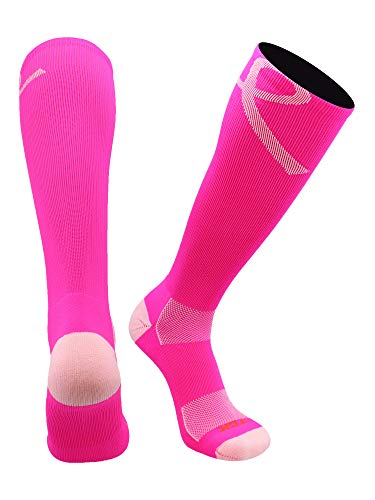Pink Ribbon Breast Cancer Awareness Socks for Softball Baseball Football for Boys Girls Youth and Adult Over the Calf