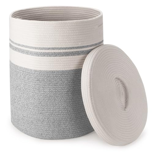 Rieeyrslza Wäschekorb für Decken mit Deckel 58L Gewebter Baumwoll Seil Korb Baumwolle Seil Wäschesammler mit Hohler Griff, für Kinderzimmer...