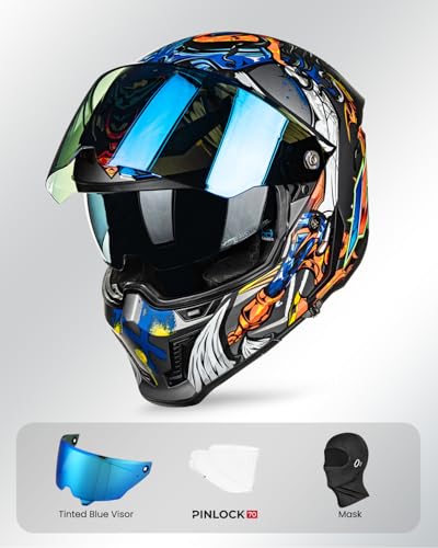 Image of ILM Motorcycle Helmets for Adult Men Women Full Face DOT ECE Powersports Dual Visor Street Racing Helmet with Pinlock Cascos para Motos Model MF509 (Ronin Blue, L) | Powersports, Dual Visor, Street Racing, Pinlock, Cascos para Motos