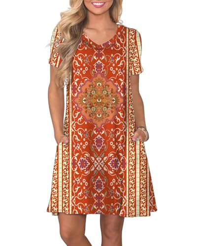 Image of COSSEN Women's Casual T Shirt Dress V-Neck Short Sleeves Swing Dresses Birthday Party Summer Travel Beach with Pocket