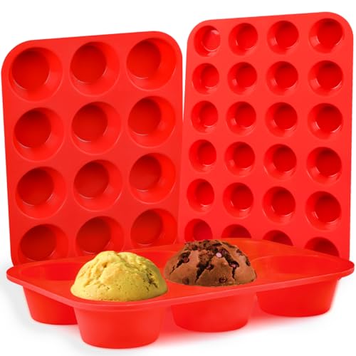 Image of CAKETIME Silicone Muffin Pan Set - Mini 24 Cups, Regular 12 Cups Cupcake Pan, Jumbo 6 Cups Muffin Pan Silicone Bakeware for Baking Set of 3