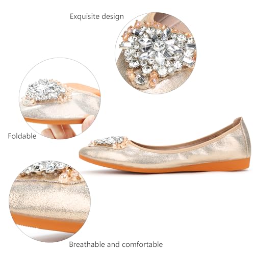 Image of KUNWFNIX Women Ballet Flats Rhinestone Wedding Ballerina Shoes Foldable Sparkly Comfort Slip on Flat Shoes