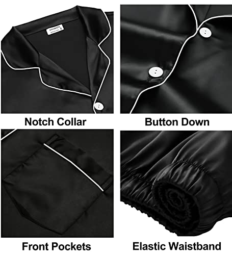 SWOMOG Couples Pajamas Sets Women & Men Satin Short Sleeve Sleepwear Button Down Loungewear Pjs Set with Long Pants Men - 2 Pockets Black Medium4