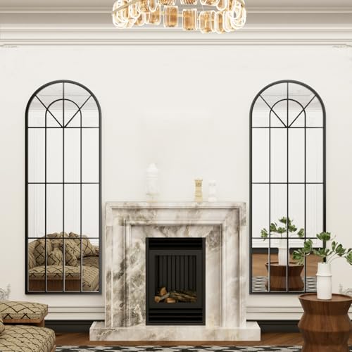 Image of Dewfig Arched Windowpane Floor Mirror, 65 inchx 22 inch Full Length Mirror, Black