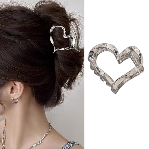 Valentines Hair Clips Silver Heart Hairs Claws for Women Metal Heart Hairs Claw Clips for Thick Hairs Silver Hair Clips Hair Clip Cute Clip Accessories 1Pcs