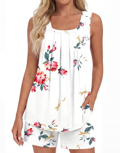 Image of LONGYUAN Womens Sleeveless Pajama Set Soft Summer Lounge Shorts Tank Top Sleepwear with Pockets 2 Piece Set M-3XL