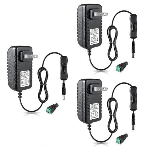 Image of 12V Power Supply, 12 Volt 2A 24W DC Power Supply with On Off Switch, Black Switching LED Power Adapter, AC 110V to 12V Transformer Plug for LED Strip Lights with 5.5 /2.1 DC Female Connector, 3 Pack