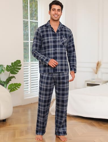 ENJOYNIGHT Mens 100% Cotton Flannel Pajamas Set Plaid Button Pjs Long Sleeve Sleepwear2