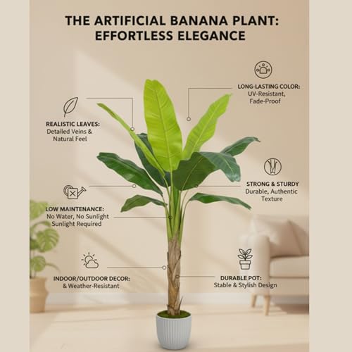 Image of Kayra Decor Artificial Banana Plant 5 Feet with Pot | Big Size Artificial Plants for Home Decor | Indoor Fake Tree for Living Room, Balcony, Office | Bird of Paradise Lifelike Plant with Pot