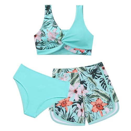 Image of Weixinbuy Girl's 3 Piece Swimsuit Teen Swimwear Tropical Print Twist Cross Bikini Bathing Suit with Cover Up Shorts Size 9-16