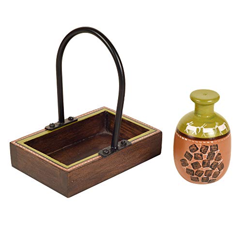 Image of Aakriti Art Creations Asmi Earthen Salt & Pepper Shaker Set with Wooden Tray | Handcrafted Abstract Art Ceramic Dispenser Set | Dining Table Salt Pepper Set | Kitchen Decoration Items Stylish