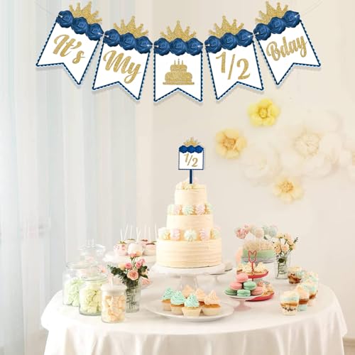 Image of Rozi Decoration Its my Half Birthday Blue Banner Pack of 1 Set Half Birthday Decoration for Baby | Blue Happy Birthday Banner | Prince Half Birthday Decorations | Blue half birthday banner - 1 set - prince theme - baby boy - half birthday decoration - hanging decor