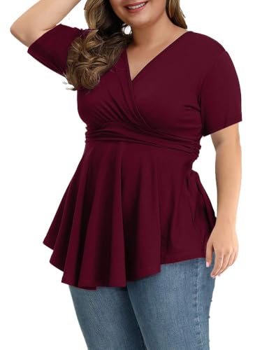 Plus Size Tops for Women 2025 Summer Short Sleeve V Neck Casual Shirts Dressy Pleated Wrap Tunic Top Blouses2