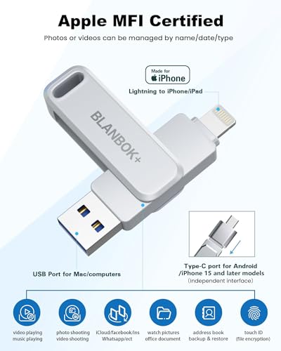 Image of MFi Certified 256GB Flash Drive for iPhone Photo Stick, USB Memory Stick High Speed iPhone Flash Drive, External Memory Storage USB Stick Thumb Drive for iPhone /iPad /Android /PC (Metallic Silver)