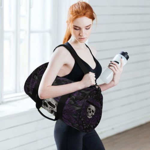 Bolsa de gimnasio redonda con patrón gótico de rosas y calaveras 6