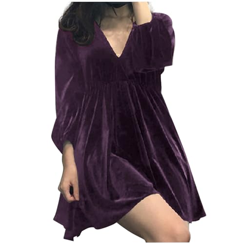 Image of V Neck Velvet Dress for Women Vintage Elegant Long Sleeve Mini Dress Elegant Cocktail Dress Elastic Waish Tunic Evening Dresses Banquet Dinner Dress 50s A-line Party Dresses Plus Size 22 Purple