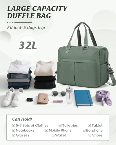 Image of Travel Duffle Bags for Women Men Expandable Personal Item Travel Bag Expandable Weekender Overnight Carry on Bags for Airplanes Sport Gym Tote Ladies Beach Luggage Bag Dark Green