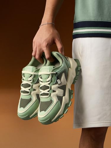 Image of The Souled Store Fumes NX: Sage Men and Boys Low Top Sneakers Green and Off White Streetwear Chunky Trainer Breathable Mesh Cushioned Midsole Durable Sole Lace Up Lightweight Padded Collar
