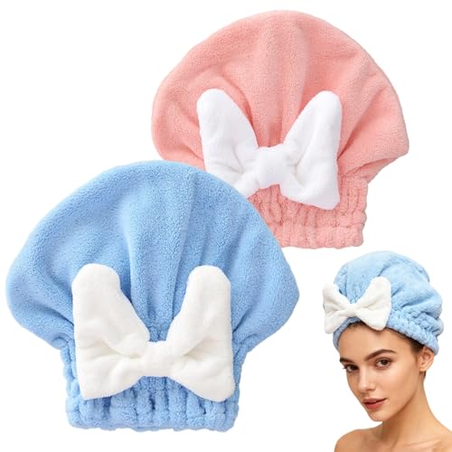 2 Pack Ultra Absorbent Hair Quick Drying Towel for Women New Microfiber Hair Towel Wrap Dry Turban Soft Bow Tie Plopping Head Towels Shower Cap for All Hair Style (Blue and Pink)