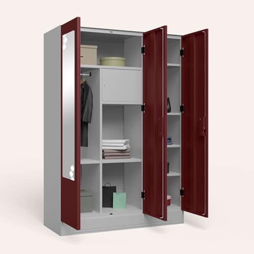 Image of Interio by Godrej Almirah Slimline 3-Door Steel Almirah, Cupboard for Clothes (Russet), 1-Year Warranty, 7 Shelves, 1 Locker, Star Design Mirror