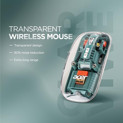 Image of Acer Clearview Transparent Wireless Mouse with Triple-Mode Connectivity, Silent Click Tech, Metal Scroll Wheel,1600 DPI Optical Sensor, USB-C Charging, Compatible Windows, MacOS, iOS, Android-Green