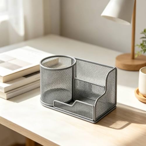 Image of Multipurpose Iron Mesh Desktop Organizer Stable Base Desktop Organizer with Cylindrical Holder Open-Access Multi-Compartment Mesh Pen Holder Space-Saving for Home Office, Vanity, Craft Area, Pink