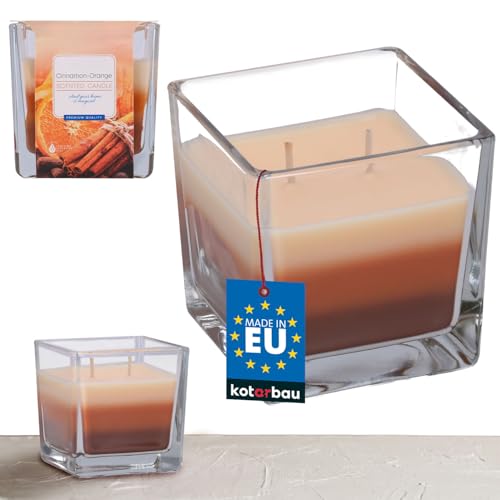 KOTARBAU® Vela perfumada en frasco de cristal Aroma agradable Velas decorativas Vela en vaso de cristal Vela aromática Duración 32 h Aroma a naranja con canela Vela tricolor con 2 mecha Idea de regalo