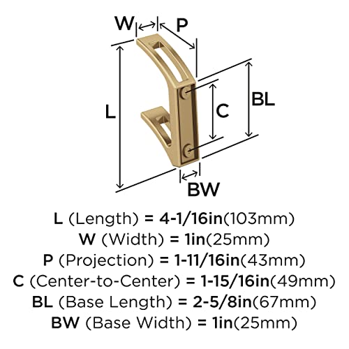 Image of Amerock Avid Double Prong Champagne Bronze Wall-Mounted Hook | Decorative wall hook in durable zinc construction for coats, hats, bags, towels, and everyday organization
