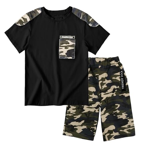 Boy Summer Clothes Kids Casual 2 Piece Outfit Cotton T-Shirt Camouflage Shorts Set(Black,12-14)