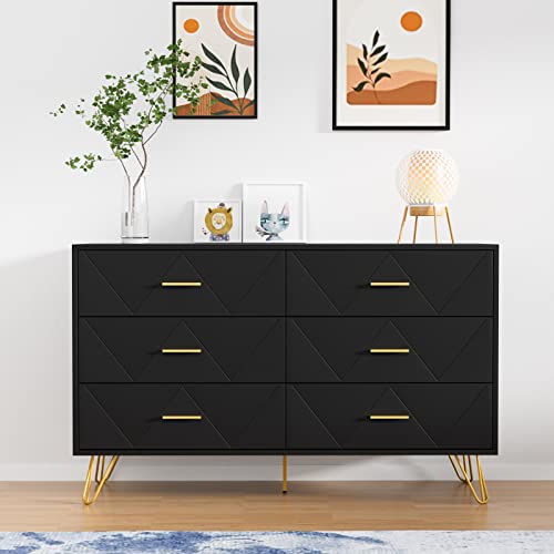CARPETNAL Black Dresser for Bedroom 6 Drawer Dresser with Wide Drawers and Gold Handles Modern Wood Dressers & Chest of Drawers TV Stand for Living Room Hallway Entryway.