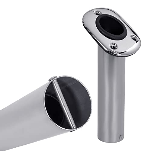 White Water 57738S-4PK Marine Stainless Steel 30° Flush Mount Fishing Rod Holders – Heavy Duty with Black PVC Liner, UV-Resistant, Oblong Base for Boats & Decks (4 Pack)