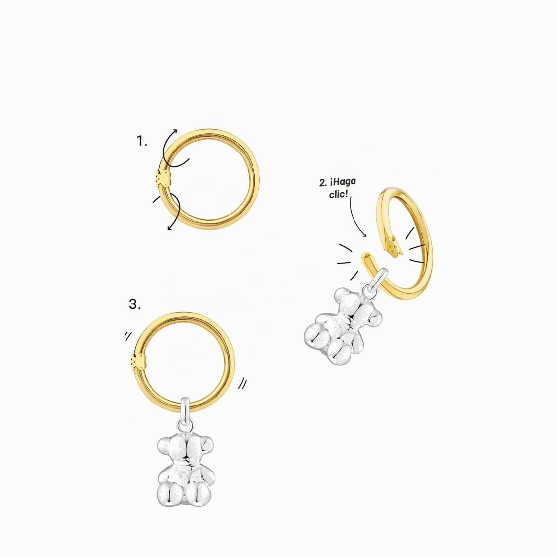 TOUS Colgante Anilla con Baño de Oro 18Kt sobre Plata con Motivo de Oso 16mm Elegante y Combinable, Colección Hold