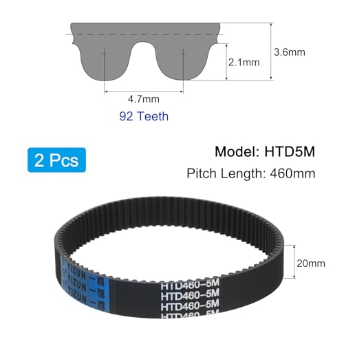 QUARKZMAN 2 Stück HTD-5M Gummizahnriemen 92 Zähne, 460mm Steigungslänge x 20mm Breite x 3,6mm Höhe, geschlossener Schleifenrillenriemen