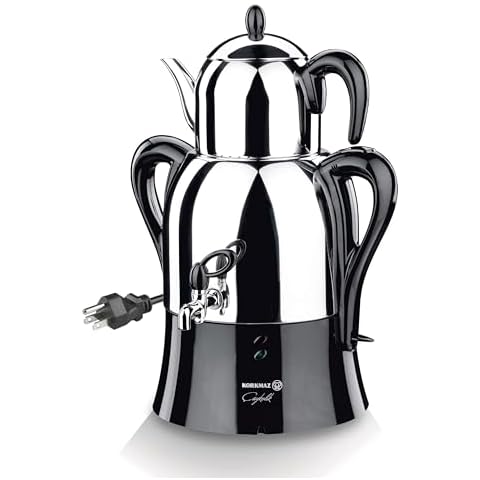 Hakan Korkmaz Turkish Tea Maker | Stainless Steel Electric Samovar, Semaver | Double Pots | 37.1 + 101.4 oz | High Capacity, Easy to Use for Family Gatherings, Breakfast | Inox-Black | 110 US Volts Cover
