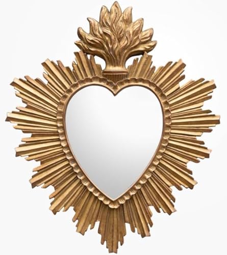 chehoma Ex-voto - Specchio a forma di cuore in resina dorata, 30,5 x 26 cm