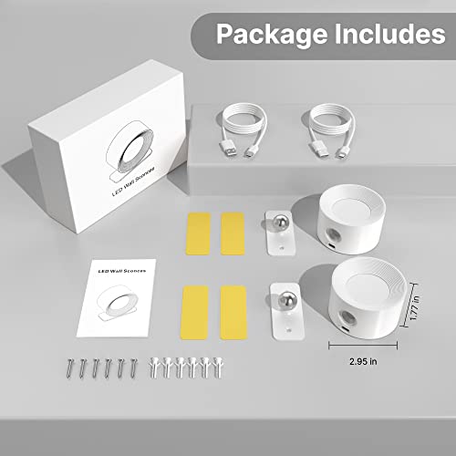 Image of 2-Piece Indoor Wall Light, 360 Rotatable Bedside Lamp Reading Light, LED Wireless 3 Levels of Brightness, 3 Temperatures, with USB Charging Port, for Bedroom, Living Room, Stairs, Hallway