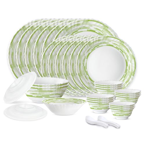 Image of Larah by Borosil 35 Pieces Opalware Dinner Set | for Family of 6 | Microwave & Dishwasher Safe | Bone-Ash Free | Crockery Set for Dining & Gifting | Plates & Bowls (Aura)