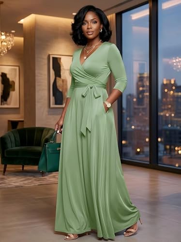 Image of PinkPatty Women's Plus Size Maxi Dresses Casual Flowy 3 /4 Sleeves Dress Printed Vacation Dress for Daily Wear with Belt