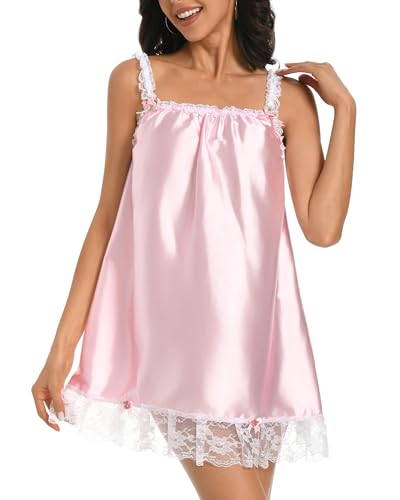 Satini Lingerie Satin Sissy Babydoll Ruffles Frilly Lace Slip Nightwear (Baby Pink, M)