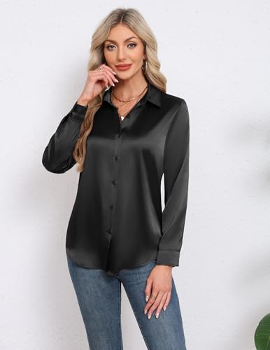 HOTOUCH Satin Shirts for Women Silk Button Down V Neck Dressy Casual Blouse Loose Long Sleeve Office Work Tunic Tops4