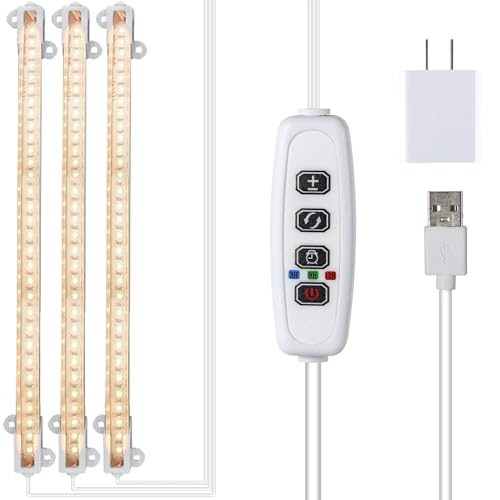 LED 植物育成ライト、屋内植物用フルスペクトル植物育成ライト、温光、3/9/12H タイマー付き 144 LED 植物ランプ、10 段階調光可能、3 ヘッド 13 インチ