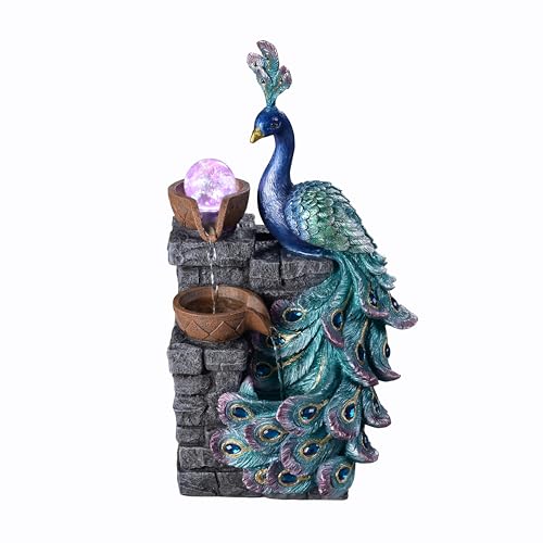 MAOCHI Tabletop Water Fountain Decor, Peacock with LED Glass Color Changing Globe,Relaxation Decorative Desktop Water Zen Fountain for Home/Office,Living Room Décor.13.78