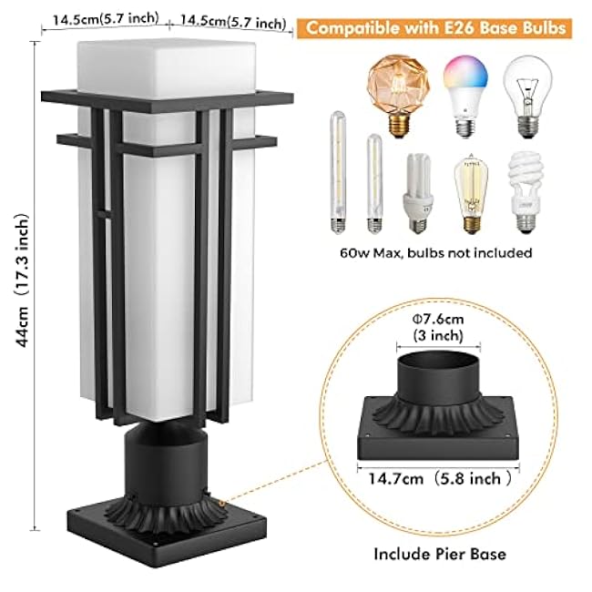 Outdoor Post Light Fixture - Aluminum Lamp Posts Outdoor Lighting, Outdoor Lightpost Lantern with 3-Inch Pier Mount Base Outside Pole Lighting for Porch Garnden (17.3''H, 1 pc)