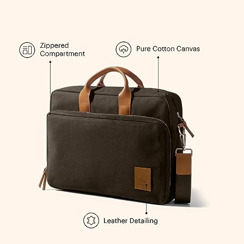 Image of DailyObjects 100% Cotton Canvas Commute Laptop Messenger Bag for Men & Women | Travel Shoulder Handbag With Trolley Sleeve | Metal Zip Closure | Leather Handles | Padded Laptop Compartment For 14 inch
