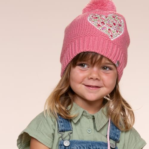 Girls Knit Pompom Beanie with Floral Heart Applique, Soft Fleece-Lined, Unique Design, Premium Quality (Kids 1-6 Years)4