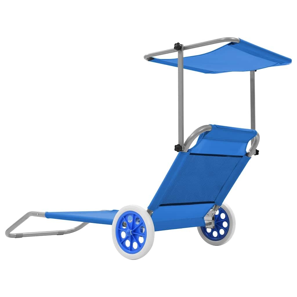 Klappbare Sonnenliege mit Dach und Rollen, Gartenliege verstellbar, Mobile Strandliege aus Stahl und Polyester, transportabler Liegestuhl für Garten, Balkon und Strand, Blau