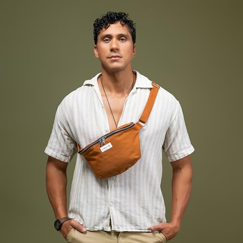The Peacock Crew Spacious Camel Brown Crossbody Belt Bag in Cotton Canvas – Lightweight Comfortable & Elegant Sling Pouch Travel Safe Design & Daily Use – Dual Zippers Fanny Pack for Men & Women
